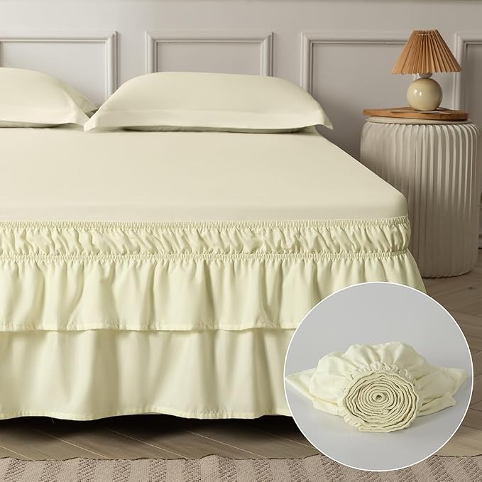 Double-Layered Ruffled Bed Skirt,Beige,Twin/Twin XL, 14" Drop | Wrap Around, Adjustable Elastic, 2 Layer, Machine Washable Soft Fabric, Multi Ruffle Bedskirt