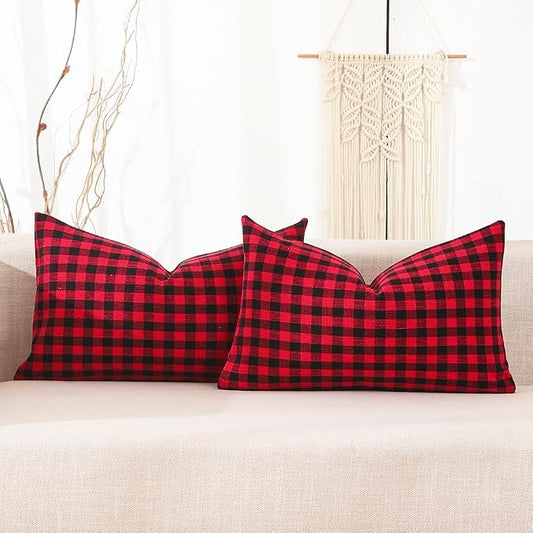 Red and Black Outdoor Christmas Gingham Plaid Lumbar Pillow Covers 12x20 | Set of 2 Christmas Decorative Lumbar Pillow 12 x 20 for Couch Sofa Bed, Christmas Outdoor Porch Decor, Decoracion De Navidad