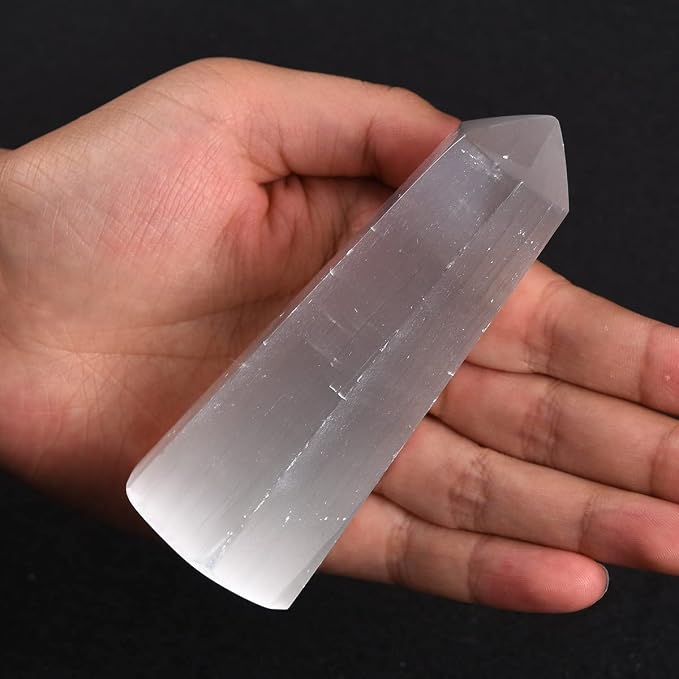 JIC Gem USB Selenite Lamp Hexagonal Crystal Points Selenite Tower Lamp Morocco Skyscraper 4 Inch with Wooden Light Stand Base
