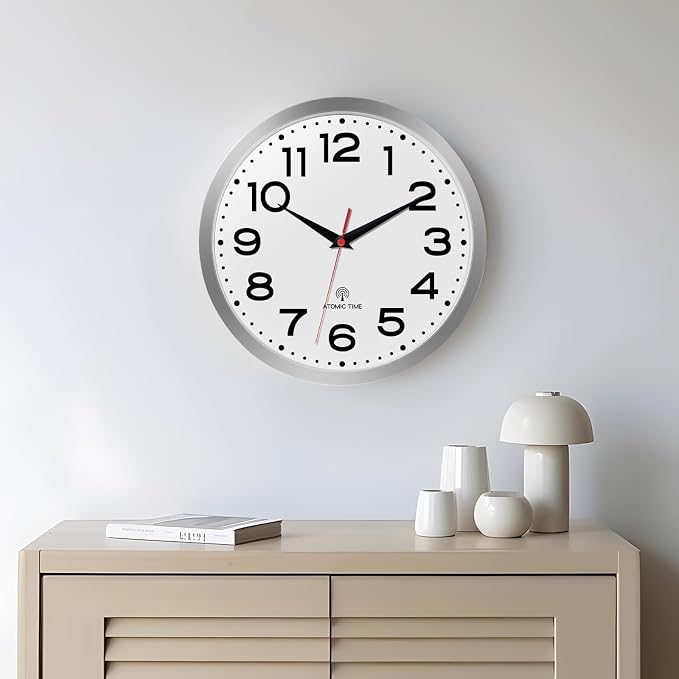 Roymnie 14 Inch Atomic Wall Clock, Battery Operated Silent Non Ticking | Silver analog wall clock; bold numerals for easy reading; silent non-ticking; 1 AA battery (not included); for classroom