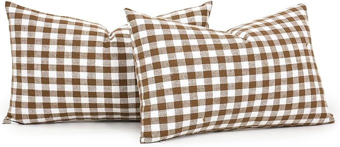 Fall Brown Plaid Gingham Outdoor Lumbar Decorative Pillow Covers 12x20 | Thanksgiving Autumn Lumbar Pillow Cover 12 x 20, Cojines De Otoño Para Sala, Aesthetic Fall Room Decor, Patio Outdoor Pillow