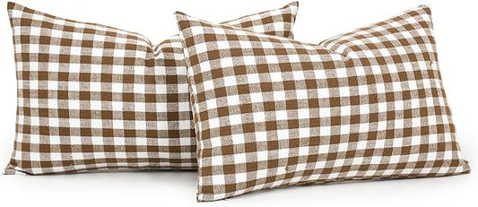 Fall Brown Plaid Gingham Outdoor Lumbar Decorative Pillow Covers 12x20 | Thanksgiving Autumn Lumbar Pillow Cover 12 x 20, Cojines De Otoño Para Sala, Aesthetic Fall Room Decor, Patio Outdoor Pillow