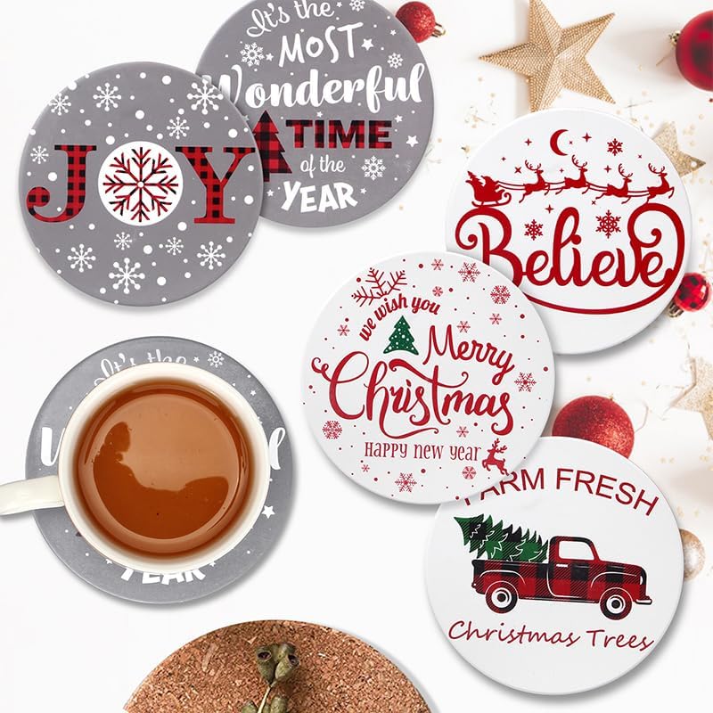Ceramic Christmas Coasters Set of 6 Absorbent Drink Coaster with Holder