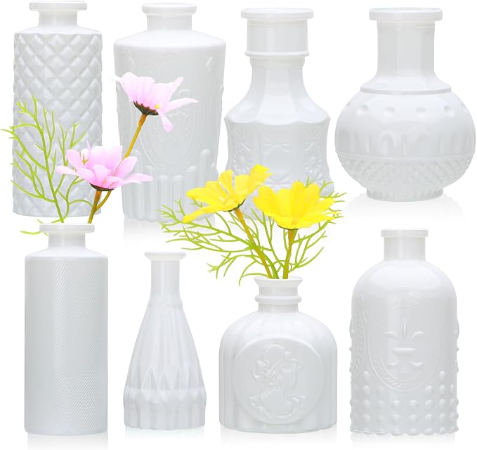White Flower Vase Set, Glass Bud Vase in Bulk Set of 8 | Artistic and Cultural Flavor Mini Vases for Home Office Decor, Bedroom, Office, Living Room Decorations,Wedding