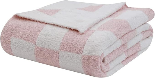 bearberry Soft Plush Throw Blanket for Couch, Cozy Warm & Lightweight | Knitted Fluffy Checkered Comfort Home Decor Gift for Women Mom Her, Sofa Chair Bed, 50x60in, Pink