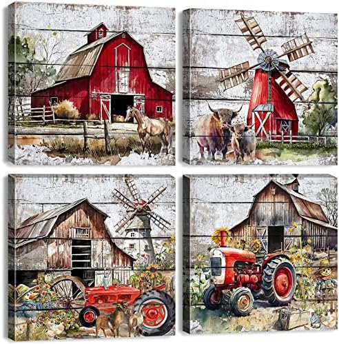 Country Wall Art Farmhouse Barn Pictures Wall Decor Rustic Windmill Rusty Truck Canvas Prints Posters Watercolor Cattle Horses Painting Farm Artwork for Bathroom Living Room Decorations 18x18”4Pcs