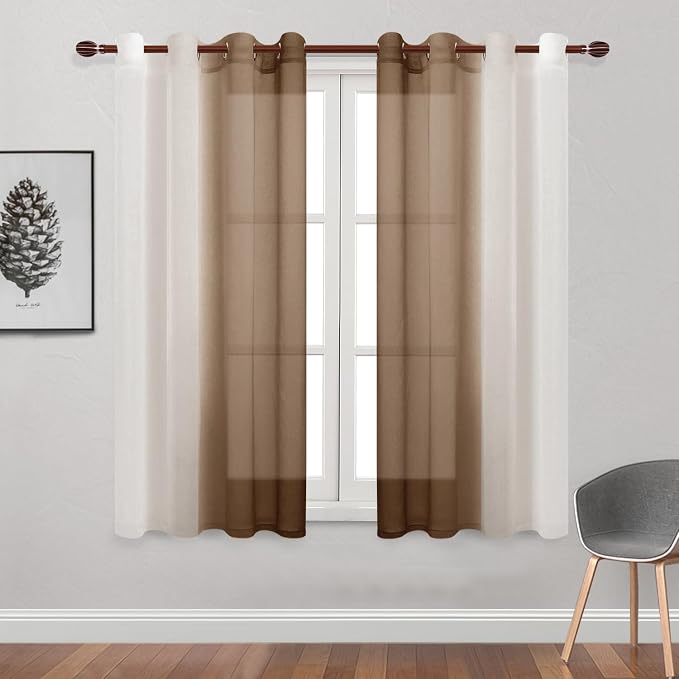 DWCN Ombre Sheer Curtains - Faux Linen Semi Voile Gradient Light-Filtering Bedroom and Living Room Curtains, Set of 2 Grommet Top Window Drape Panels, 52 x 72 Inch Length, Warm Brown