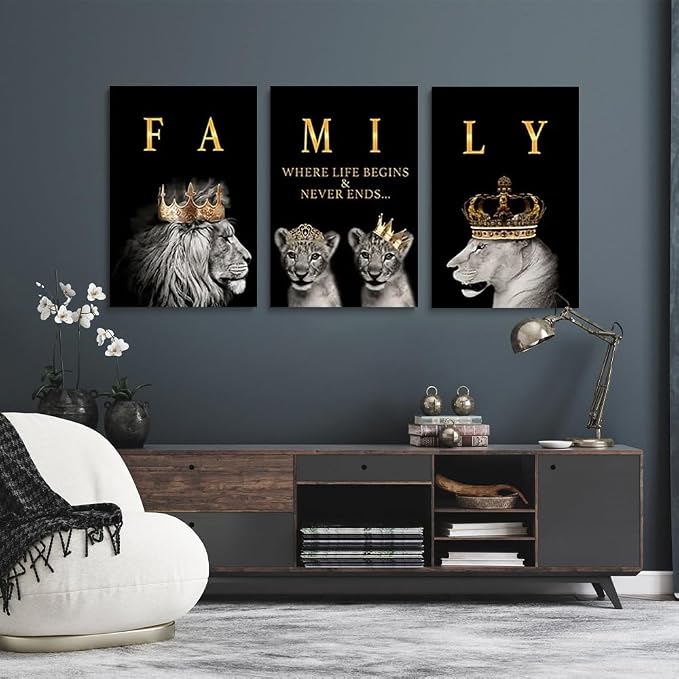 GUBIYU Family Where Life Begins Love Never Ends Word Sign Wall Decor,Black Gold Lion Art Home Decor Family Wall Art Decorations,Letters Quotes Posters for Living Room Bedroom Kitchen Decor 24"x36"