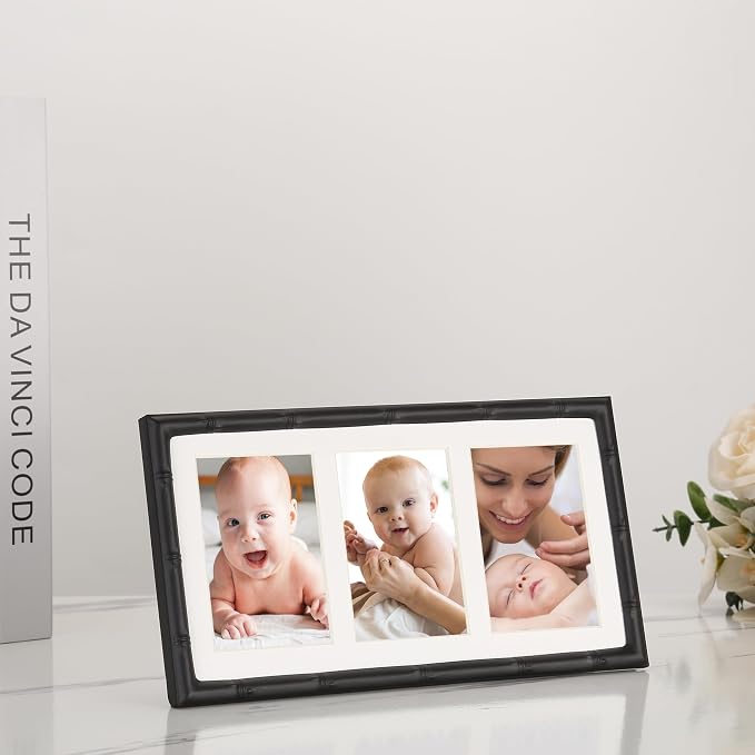 3-2x3'' Black Multi Metal Picture Frames,3 section frames 2pack, Elegant Bamboo Detail Designs Plated Photo Frames 3-2x3'' Baby Nurse frames With Soft Touch Velvet Backing for Desktop and Wall Décor(Black)