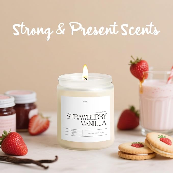 Strawberry Vanilla Highly Scented Candle for Home, 9oz Non Toxic | Natural Soy Wax Aromatherapy Candles with Essential Oil, Home Fragrance Stress Relief & Meditation Jar Candles Gifts