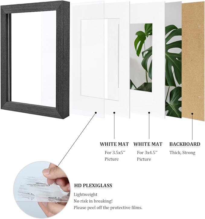 Egofine 4x6 Picture Frames Set of 4, Made of Solid Wood Covered by Plexiglass 3x4.5 and 3.5x5 with Mat or 4x6 without Mat, for Table Top Display and Wall Mounting Photo Frame, Rustic Black