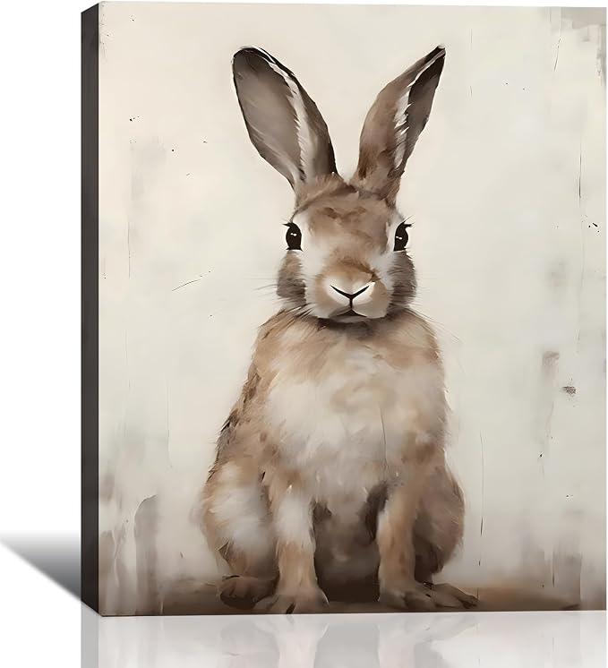 Vintage Rabbits Portrait Canvas Wall Art, Brown Easter Canvas Art for Living Room, Fireplace Wall Decor, Framed Spring Bunny Poster Prints for Bedroom Bathroom Holiday Decoration