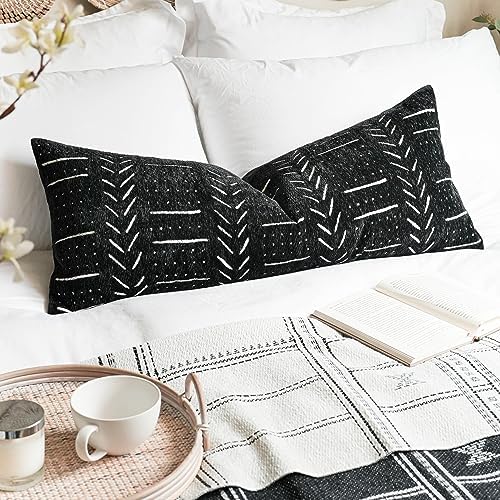 BLISSBLUSH Black Decorative Lumbar Pillow Cover 14X36, Boho Lumbar Throw Pillow For Bed, Long Decorative Pillow Case, Modern Accent Throw Pillow, 14 x 36 Textured Lumbar Pillow Decorative (COVER ONLY)