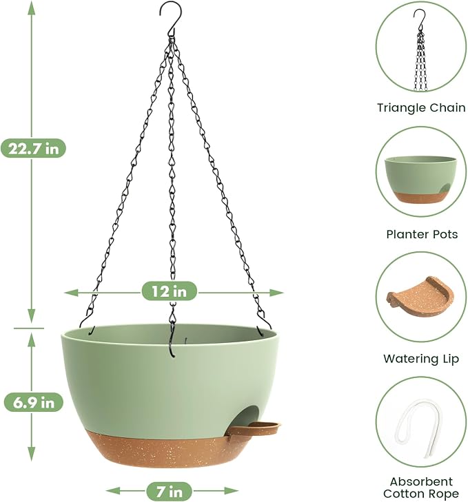 2 Pack 12 Hanging Flower Pots with Chains Self Watering Plastic Planters for Indoor Outdoor Plants, Sturdy Triangular Iron Chain Design for Garden PorchPlastic hanging flower pots (2, Green Brown)