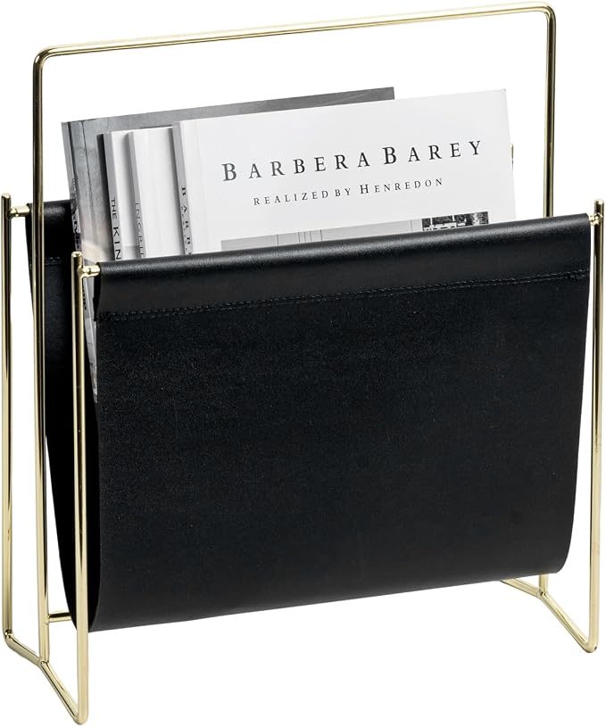 MyGift Black Leatherette Magazine Holder with Gold Metal Frame, 13 Inch | Sleek sling-style organizer keeps magazines, books, and reading materials accessible while adding modern elegance to any room
