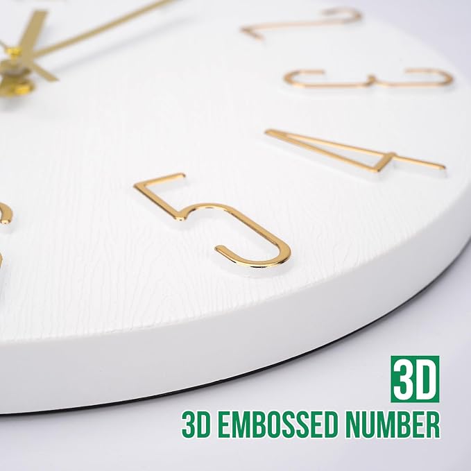 Wall Clock 12 Inch Silent Non-Ticking Imitation Wood Indoor Clock Round White Decor Clock Modern 3D Figures Quartz Wall Clocks for Home, Hotel, Office, School, Bedroom, Living Room, Kitchen