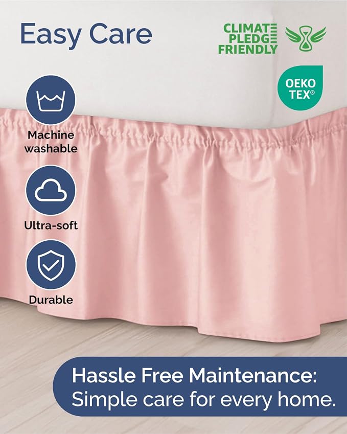Wrap Around Dust Ruffle Bed Skirt, Full Size Beds - 15 Inch Drop, Baby Pink | Easy Fit Elastic Strap, Adjustable Pleated Bedskirt w/Brushed Fabric, Wrinkle & Fade Free, for Women, Men, Kids & Teens
