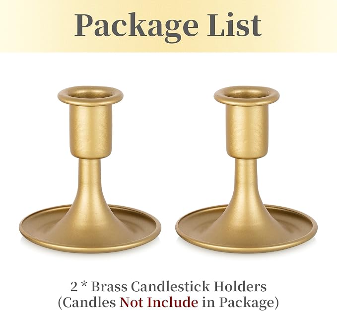 Gold Taper Candle Holder Set of 2, Hewory Short Skinny Brass Candlestick Holders, Vintage Small Low Metal Candles Sticks for Wedding Centerpieces Christmas Birthday Party Holiday Dinning Table Decor