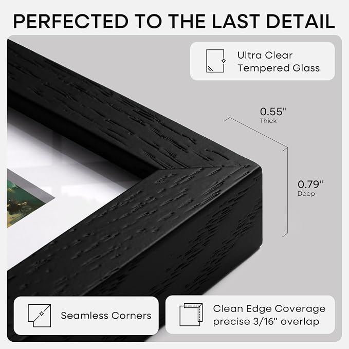 Homeforia 5x7 Black Oak Picture Frame, High-End Wood, 4x6 Mat, Glass
