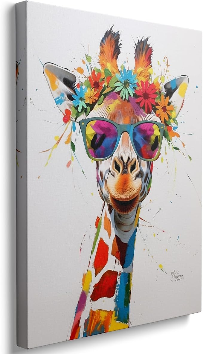 Ypxzzj Cute Giraffe with Glasses Canvas Wall Art,Colorful Giraffe Decor Wall Art Pictures Painting Poster Artwork for Children's room Bedroom Living room Decor Framed Ready to Hang