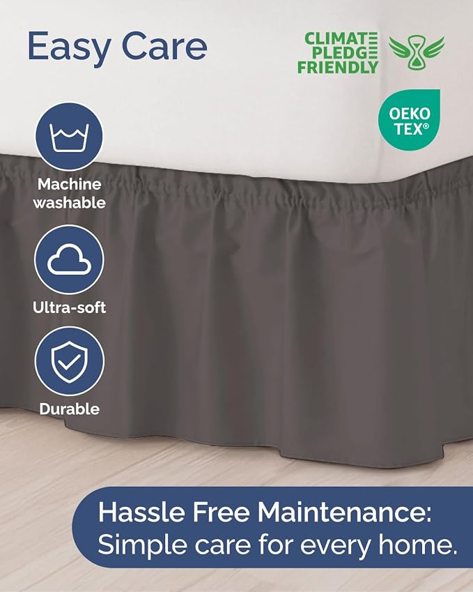 Wrap Around Dust Ruffle Bed Skirt - College Dorm Room - Twin/Twin XL | Dark Grey, 24 Inch Drop, Elastic Strap & Adjustable Pleated Bedskirt, Wrinkle Free, for Women, Men, Students, Kids & Teens