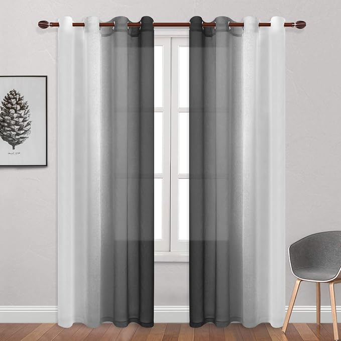 DWCN Ombre Faux Linen Sheer Curtains - Semi Voile Gradient Grommet Top Curtains for Bedroom and Living Room, 52 x 108 Inches Long, Set of 2 Window Curtain Panels, Black