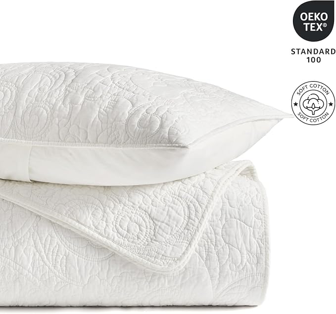 EVERGRACEHOME 100% Cotton Paisley Quilt Set, Queen Size, Bright White | Prewashed for Softness, Year-Round Breathability, Gift-Ready Box, Matelasse-style Quilted Coverlet, 3 Piece Set with 2 Shams