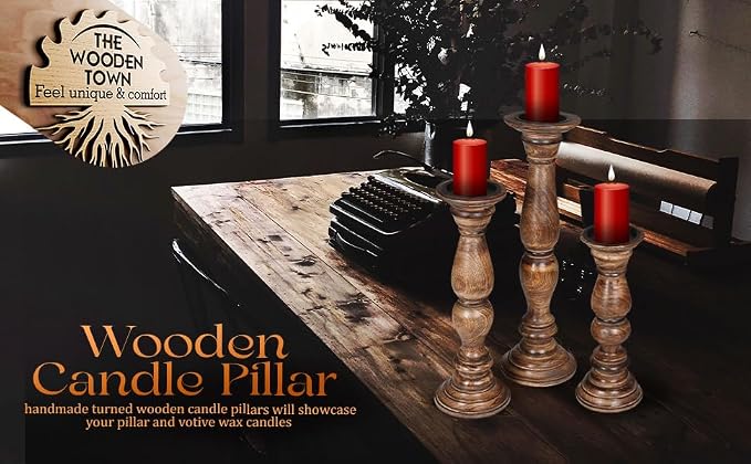 Rustic Candle Holder Set of 3 – 10", 8", 6" – Burnt Finish Wooden Pillar Stands for Wedding, Party, Home Décor, Spa – Country Style Gift for Table Centerpiece