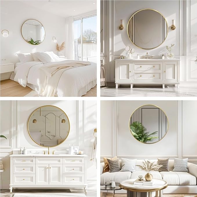 Gold Circle Mirror 24 inch, Round Mirror, Brushed Gold Metal Frame | Circular Decorative Wall Mirrors for Bathroom, Bedroom, Entryway, Living Room, Hallway, Over Sink, Vanity,Golden,Brass,Rustic