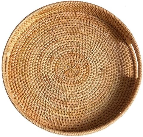 11.8" Round Rattan Tray, Hand Woven Serving Tray with Handles, Wicker Serving Basket, Decorative Tray for Home Decor, Natural