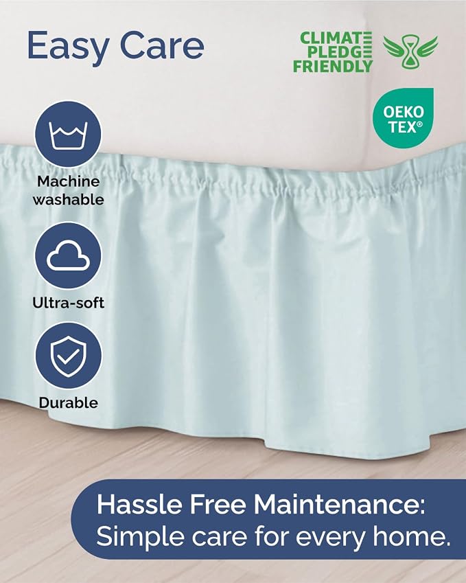 Wrap Around Dust Ruffle Bed Skirt - College Dorm Room - Twin/Twin XL | Ice Blue, 15 Inch Drop, Elastic Strap & Adjustable Pleated Bedskirt, Wrinkle Free, for Women, Men, Students, Kids & Teens