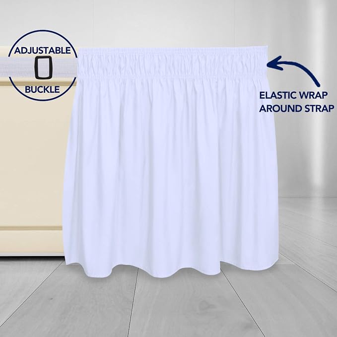 PureFit Wrap Around Ruffled Bed Skirt, White, Queen/King - 18" Drop | Wrinkle Free Bedskirt Dust Ruffles, Easy to Put On Frame Cover with Adjustable Elastic Belt