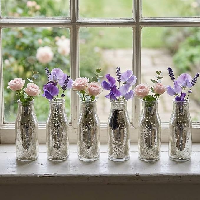 Hosley Set of 6 Silver Glass Bottle, 5.5" High. Ideal Gift for Floral Arrangements Wedding, Floral Vase, Party, Home Decor, Office, Spa