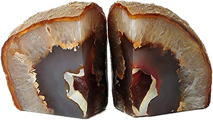 JIC Gem Natural Agate Geode Bookends Anti-Slip Rubber Bumpers 1 Pair 3-4Lbs | Natural Agate Crystal Shelf Decor, Weighted Stone Book Holders for Home & Office, Unique Gemstone Crystal Bookends Gift