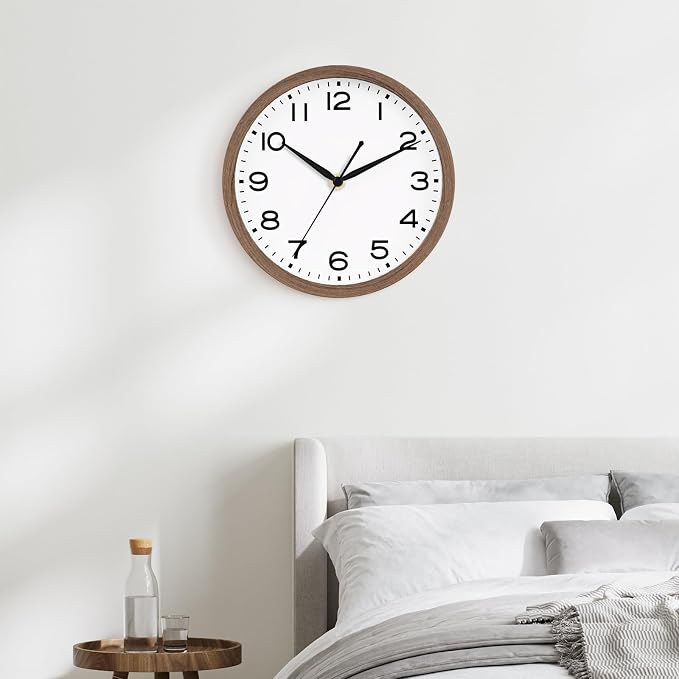 AKCISOT 10 Inch Wall Clock, Silent Battery Operated Analog Clock, Walnut | Classroom | Kitchen | Office | Easy to Read Numbers | Garage