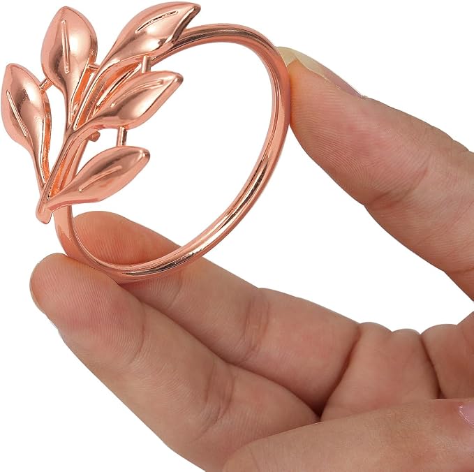 KPOSIYA Set of 6 Leaf Napkin Rings Metal Gold Napkin Holder Table Napkin Rings for Thanksgiving Day Christmas Dinning Table Parties Everyday (Ye Zi-Rose Gold 6)