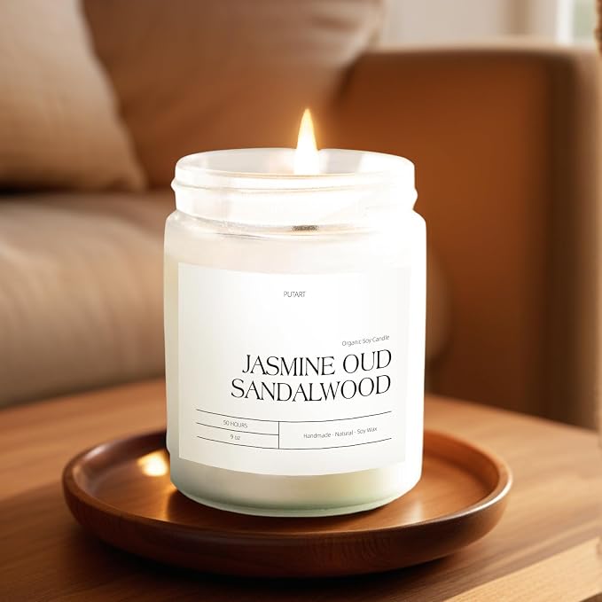 Jasmine, Oud & Sandalwood Scented Candles for Home, 9oz Soy Wax | Natural Aromatherapy Non Toxic Candle Gifts for Women Men, Home Fragrance Decoration Glass Jar Candle for Relaxation