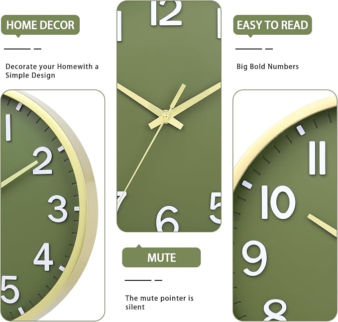 Wall Clocks Battery Operated 8 inch Modern Wall Clock,Silent Non Ticking Wall Clock for Living Room Bedroom Kitchen Office Classroom Decor (Green Gold)