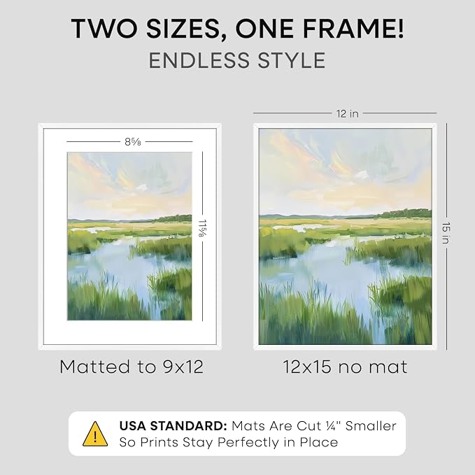 Homeforia 12x15 White Picture Frame, High-End Metal, 9x12 Mat, Glass
