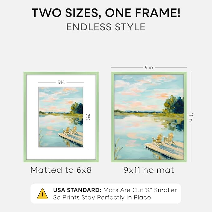 Homeforia 9x11 Green Picture Frame, High-End Metal, 6x8 Mat, Glass