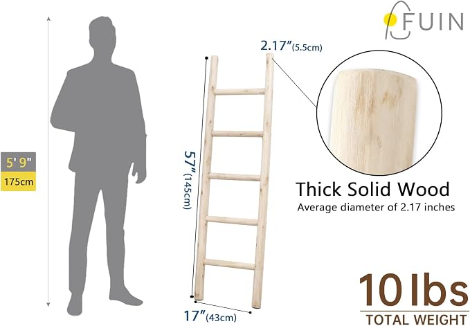 FUIN Blanket Ladder, 57in Rustic Solid Wood Decorative Ladder, Natural | Farmhouse living room accent, Layered blanket towel quilt display, Visible wood grain, Bathroom and Bedroom use