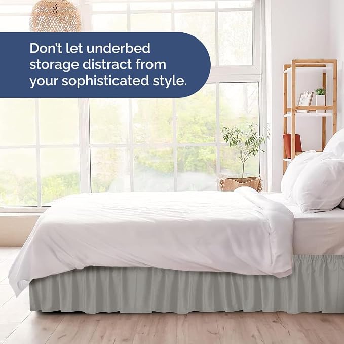 Wrap Around Dust Ruffle Bed Skirt, Queen Size - 24 Inch Drop, Light Grey | Easy Fit Elastic Strap, Adjustable Pleated Bedskirt w/Brushed Fabric, Wrinkle & Fade Free, for Women, Men, Kids & Teens