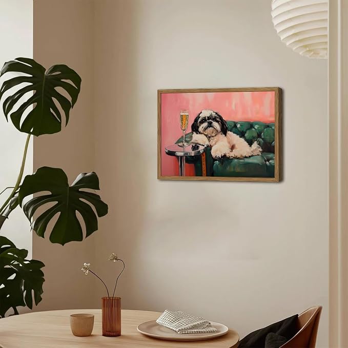Funny Dog Wall Art, Cute Animal On Couch Bar Cart Pictures Wall Decor Paintings, Eclectic Dog with Cocktail Canvas Prints, for Living Room Dining Room Bedroom 12x16 inch Wood Framed