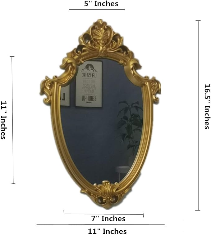 Yash Decorative Wall Mirror, Vintage Hanging Mirrors for Bedroom Living-Room Decor, 11”x 16.5”, Antique Gold