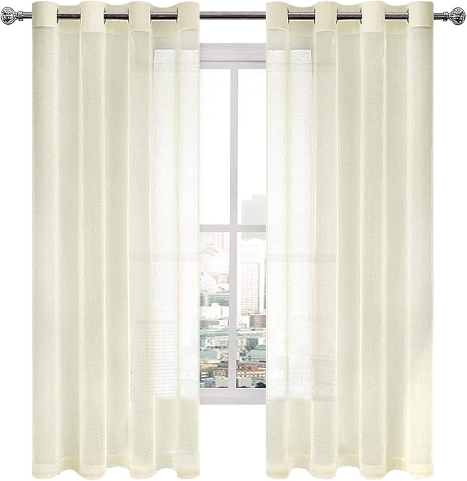 DWCN Ivory Sheer Curtains Linen Look Semi Transparent Voile Grommet Curtains for Living Room Bedroom Drapes 52 x 63 inch Length, Set of 2 Panels