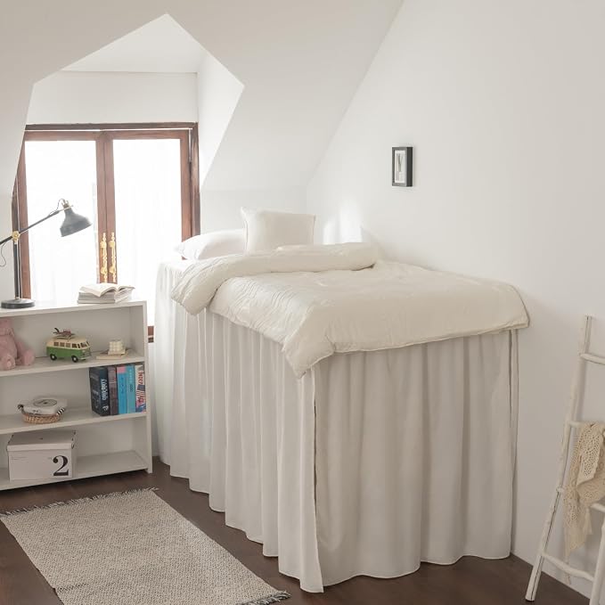 Dorm Bed Skirt Twin XL 36 Inch Drop Length | Ivory, Ruffled Pattern College Dorm Room Bed Skirts - Split Corner, Easy Care, Microfiber Bed Skirt Dust Ruffle with Platform