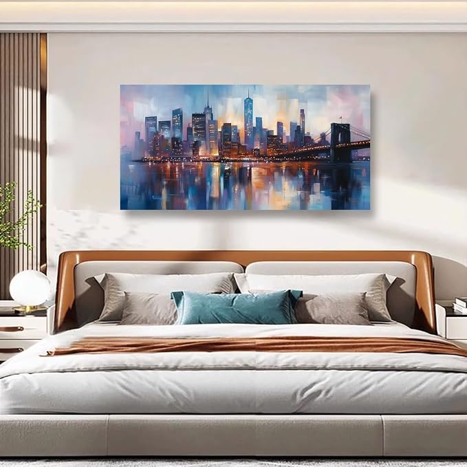 Abstraction Pictures Canvas Wall Art for Living room Office Bedroom Wall Decor,City Wall Art Print Paintings Modern Blue Great bridge Artwork Waterproof Ready to Hang-20x40inch