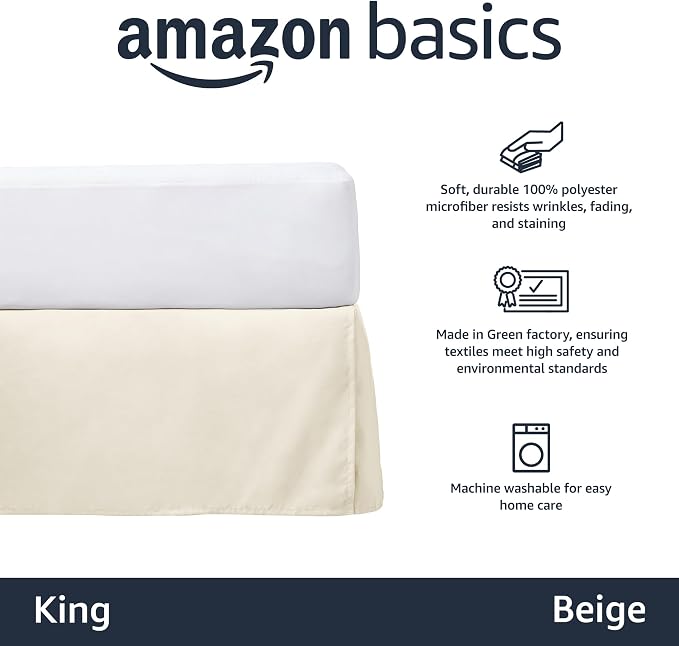 Amazon Basics Lightweight Pleated Bed Skirt, Machine Washable, Wrinkle Resistant, King, Beige, (Pack of 8)