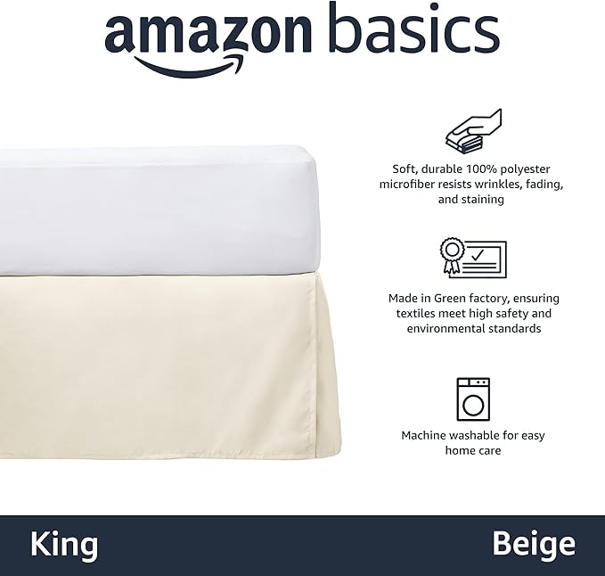 Amazon Basics Lightweight Pleated Bed Skirt, Machine Washable, Wrinkle Resistant, King, Beige