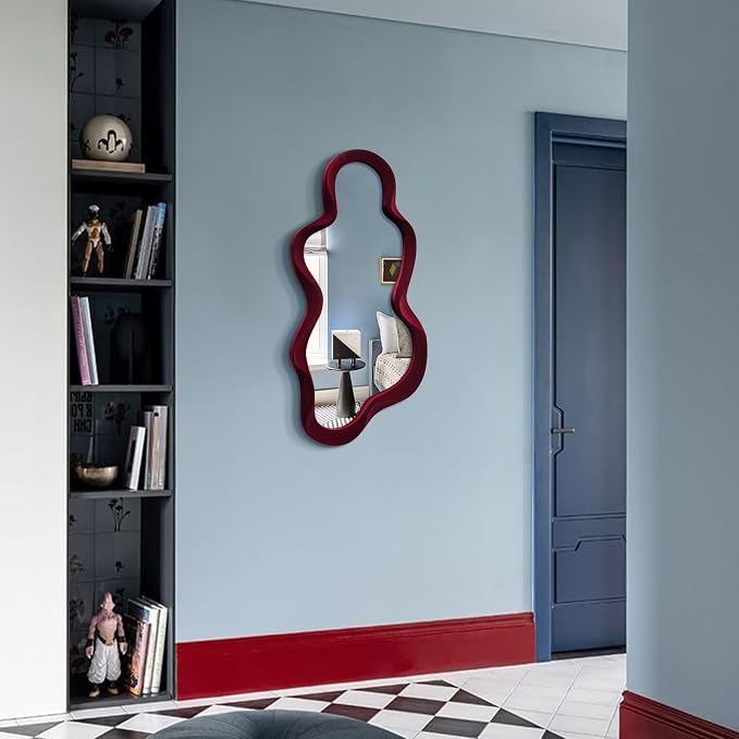 Mirror Wall Decor for Retro Living Room Bedroom,13.8x29.7,Wine Red | Soft Flocking Touch,Asymmetrical Decorative Mirror for Entry Porch Staircase,Retro Modern Hanging Wall Art Gift for Wedding